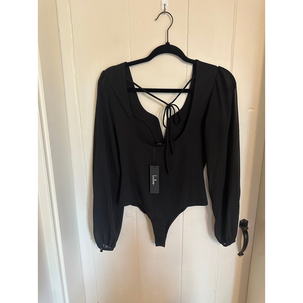 Long Sleeve Going Out Top Sheer Balloon Sleeve Notched V-Neck Tie Back Bodysuit